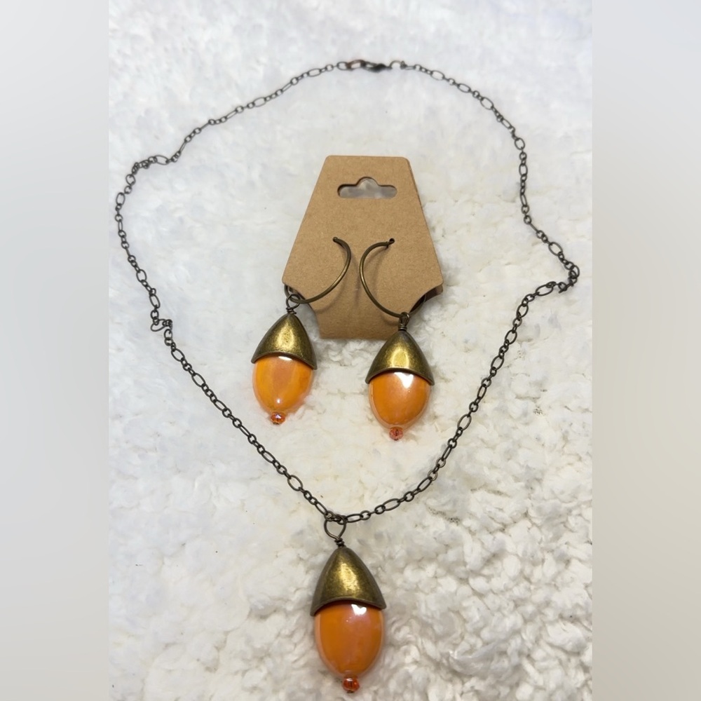 Handmade Orange Gold Acorn Necklace & Earrings Jewelry‎ Set Autumn Boho